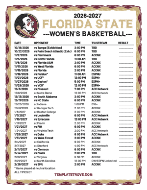 2025-26 Printable Florida State Seminoles Women's Basketball Schedule