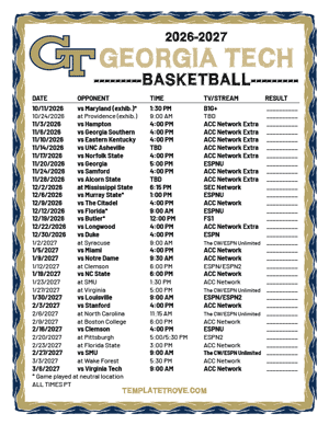 Georgia Tech Yellow Jackets Basketball 2026-27 Printable Schedule - Pacific Times