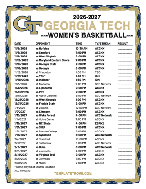 2025-26 Printable Georgia Tech Yellow Jackets Women's Basketball Schedule