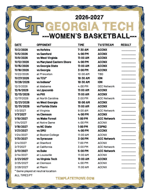 Georgia Tech Yellow Jackets women's basketball 2026-27 Printable Schedule - Pacific Times