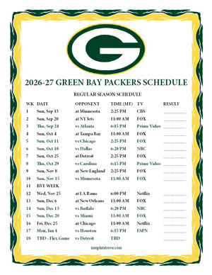 Green Bay Packers 2026-27
Printable Schedule - Mountain Times