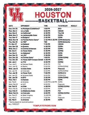 2024-25 Printable Houston Cougars Basketball Schedule