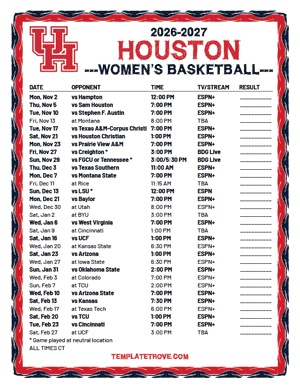 Houston Cougars Women's Basketball 2026-27 Printable Schedule - Central Times