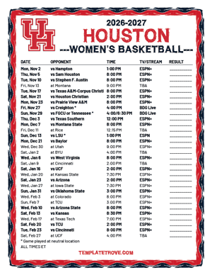 2024-25 Printable Houston Cougars Women's Basketball Schedule