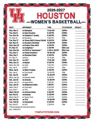 Houston Cougars Women's Basketball 2026-27 Printable Schedule - Mountain Times