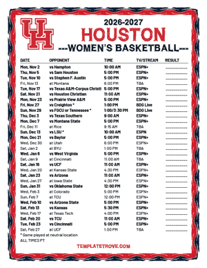 Houston Cougars Women's Basketball 2026-27 Printable Schedule - Pacific Times