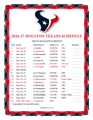Houston Texans 2026-27
Printable Schedule - Central Times