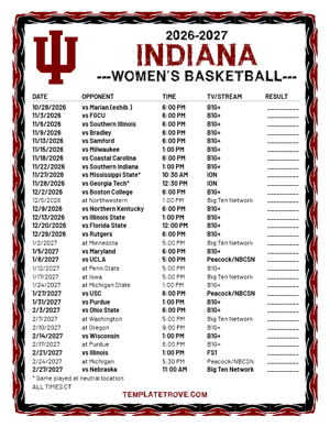 Indiana Hoosiers Women's Basketball 2026-27 Printable Schedule - Central Times