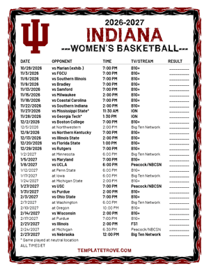 2024-25 Printable Indiana Hoosiers Women's Basketball Schedule