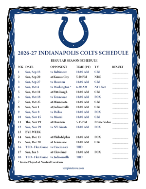 Indianapolis Colts 2026-27
 Printable Schedule - Pacific Times