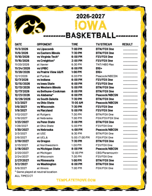Iowa Hawkeyes Basketball 2026-27 Printable Schedule - Central Times