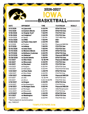 2024-25 Printable Iowa Hawkeyes Basketball Schedule