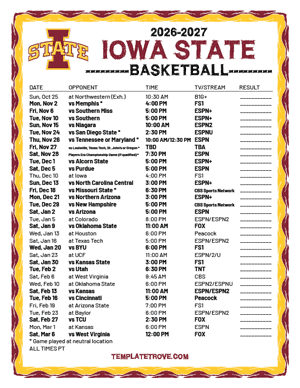 Iowa State Cyclones Basketball 2026-27 Printable Schedule - Pacific Times