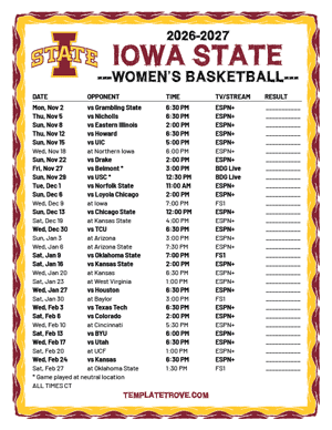 Iowa State Cyclones Women's Basketball 2026-27 Printable Schedule - Central Times