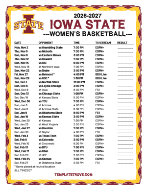 2024-25 Printable Iowa State Cyclones Women's Basketball Schedule