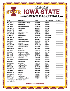 Iowa State Cyclones Women's Basketball 2026-27 Printable Schedule - Pacific Times