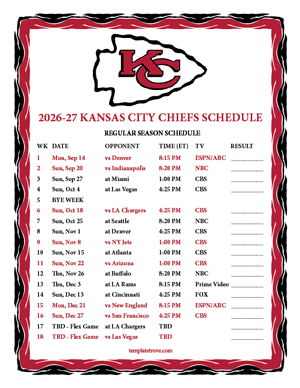 Kansas City Chiefs 2026-27
 Printable Schedule
