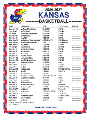 Kansas Jayhawks Basketball 2026-27 Printable Schedule - Central Times