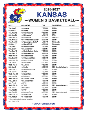 2024-25 Printable Kansas Jayhawks Women's Basketball Schedule