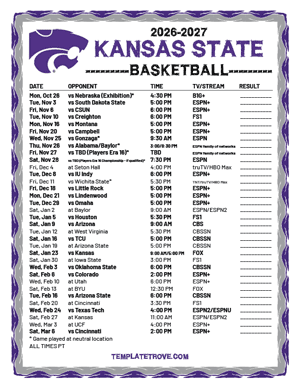 Kansas State Wildcats Basketball 2026-27 Printable Schedule - Pacific Times