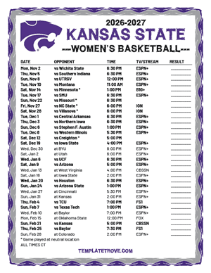 Kansas State Wildcats Women's Basketball 2026-27 Printable Schedule - Central Times