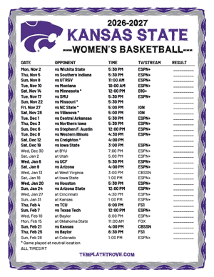 Kansas State Wildcats Women's Basketball 2026-27 Printable Schedule - Mountain Times