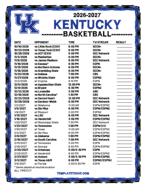 Kentucky Wildcats Basketball 2026-27 Printable Schedule - Central Times
