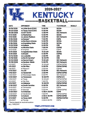 Kentucky Wildcats Basketball 2026-27 Printable Schedule - Mountain Times