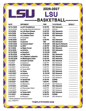 LSU Tigers Basketball 2026-27 Printable Schedule - Pacific Times