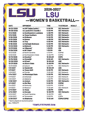 LSU Tigers women's basketball 2026-27 Printable Schedule - Pacific Times