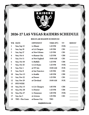 Las Vegas Raiders 2026-27
Printable Schedule - Pacific Times