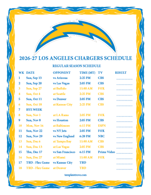 Los Angeles Chargers 2026-27
Printable Schedule - Mountain Times