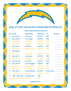 Los Angeles Chargers 2026-27
Printable Schedule