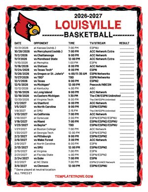 2024-25 Printable Louisville Cardinals Basketball Schedule