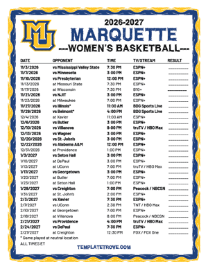 2024-25 Printable Marquette Golden Eagles Women's Basketball Schedule