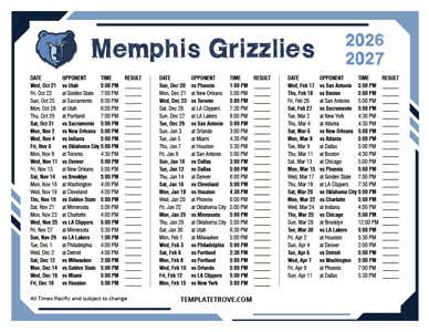 Memphis Grizzlies 2026-27 Printable Schedule - Pacific Times