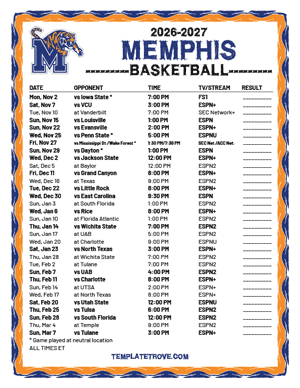 2024-25 Printable Memphis Tigers Basketball Schedule