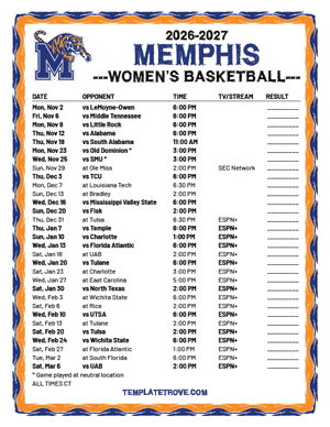 Memphis Tigers women's basketball 2026-27 Printable Schedule - Central Times