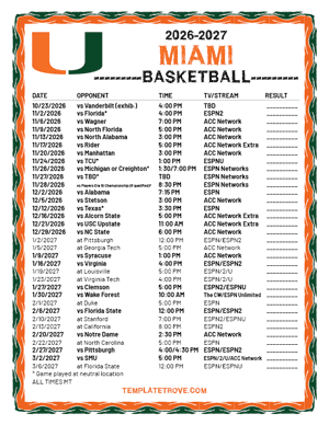 Miami Hurricanes Basketball 2026-27 Printable Schedule - Mountain Times