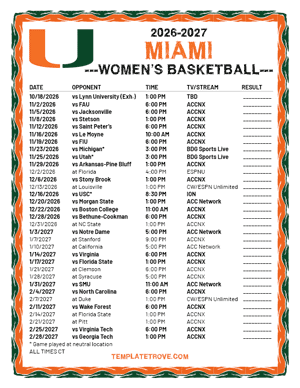 Miami Hurricanes women's basketball 2026-27 Printable Schedule - Central Times