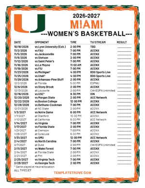 2025-26 Printable Miami Hurricanes Women's Basketball Schedule