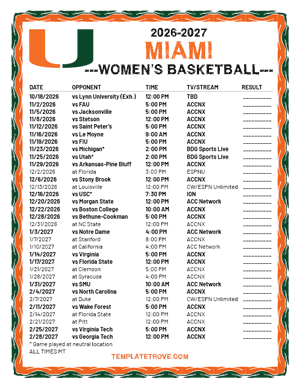 Miami Hurricanes women's basketball 2026-27 Printable Schedule - Mountain Times