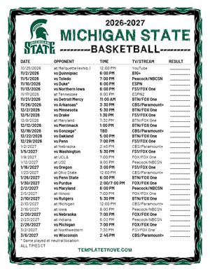 Michigan State Spartans Basketball 2026-27 Printable Schedule - Central Times