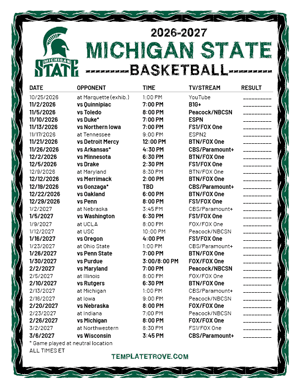 2024-25 Printable Michigan State Spartans Basketball Schedule
