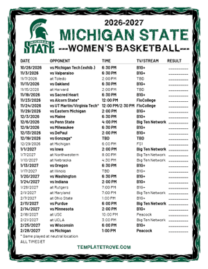 2024-25 Printable Michigan State Spartans Women's Basketball Schedule