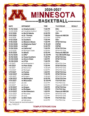 Minnesota Golden Gophers Basketball 2026-27 Printable Schedule - Central Times