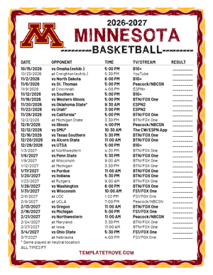 Minnesota Golden Gophers Basketball 2026-27 Printable Schedule - Pacific Times