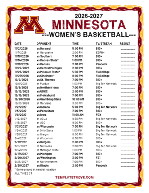 Minnesota Golden Gophers Women's Basketball 2026-27 Printable Schedule - Central Times