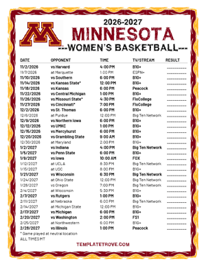 Minnesota Golden Gophers Women's Basketball 2026-27 Printable Schedule - Mountain Times