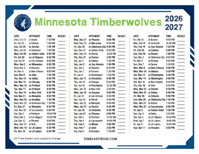 Minnesota Timberwolves 2026-27 Printable Schedule